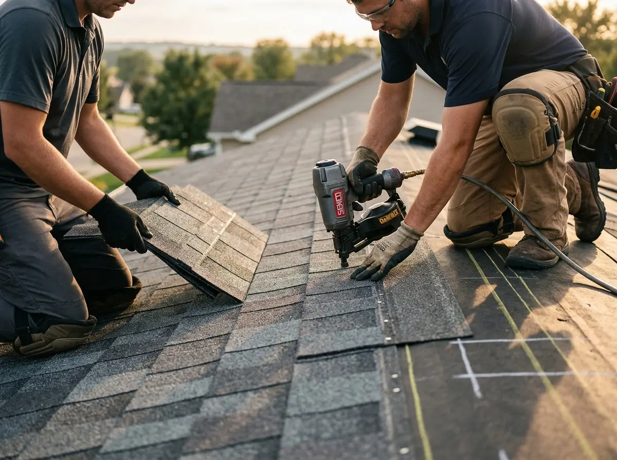 Professional roofer working on a residential roof in Lockhart